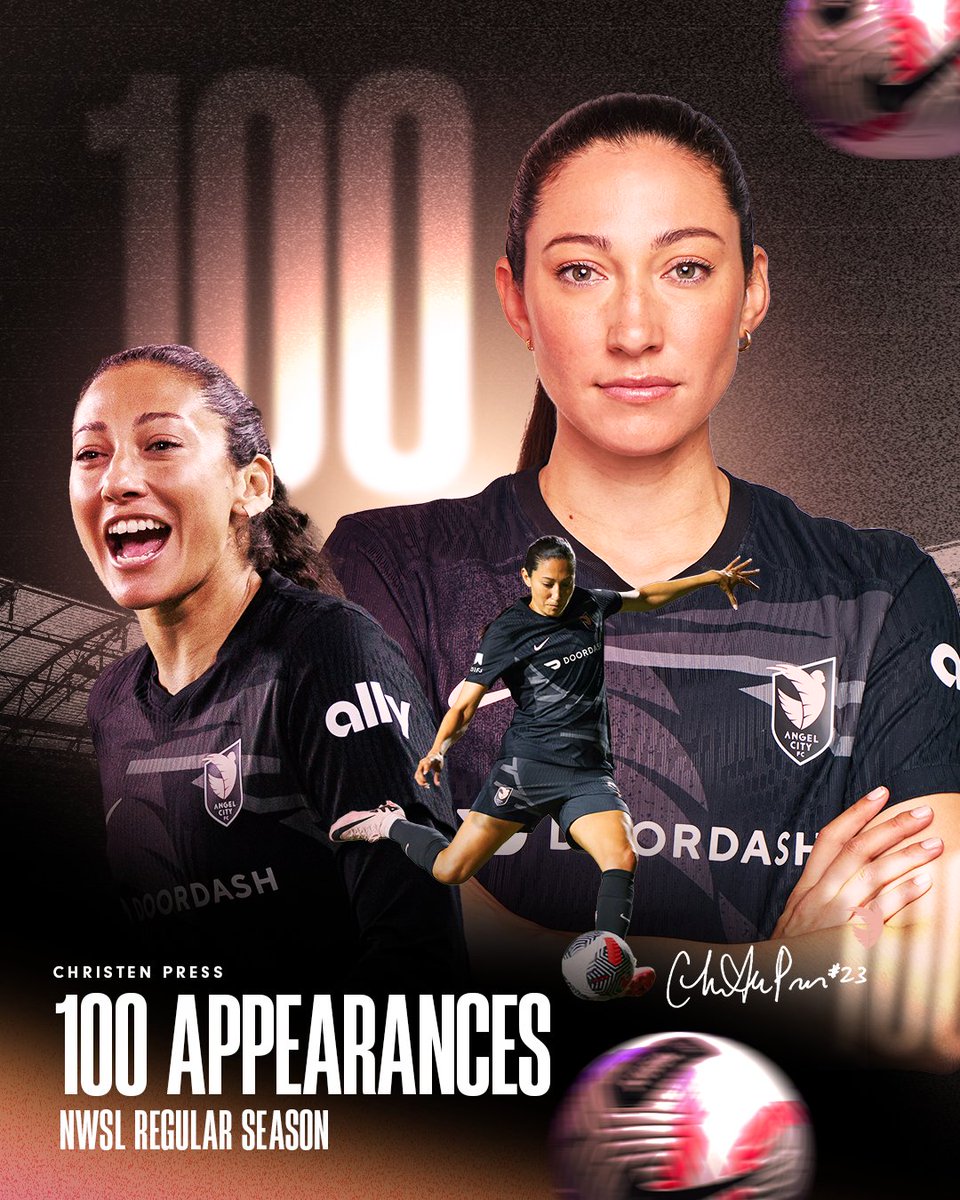 Angel City FC (@weareangelcity) on Twitter photo 100 MATCHES FOR THE QUEEN! 👑
Congratulations to <a href="/ChristenPress/">Christen Press</a> for 100 career NWSL Regular Season match appearances.
Witnessing CP23 reach this milestone is a testament to her dedication to the sport we all love.
Drop your messages below! ⬇️ 100 MATCHES FOR THE QUEEN! 👑
Congratulations to <a href="/ChristenPress/">Christen Press</a> for 100 career NWSL Regular Season match appearances.
Witnessing CP23 reach this milestone is a testament to her dedication to the sport we all love.
Drop your messages below! ⬇️