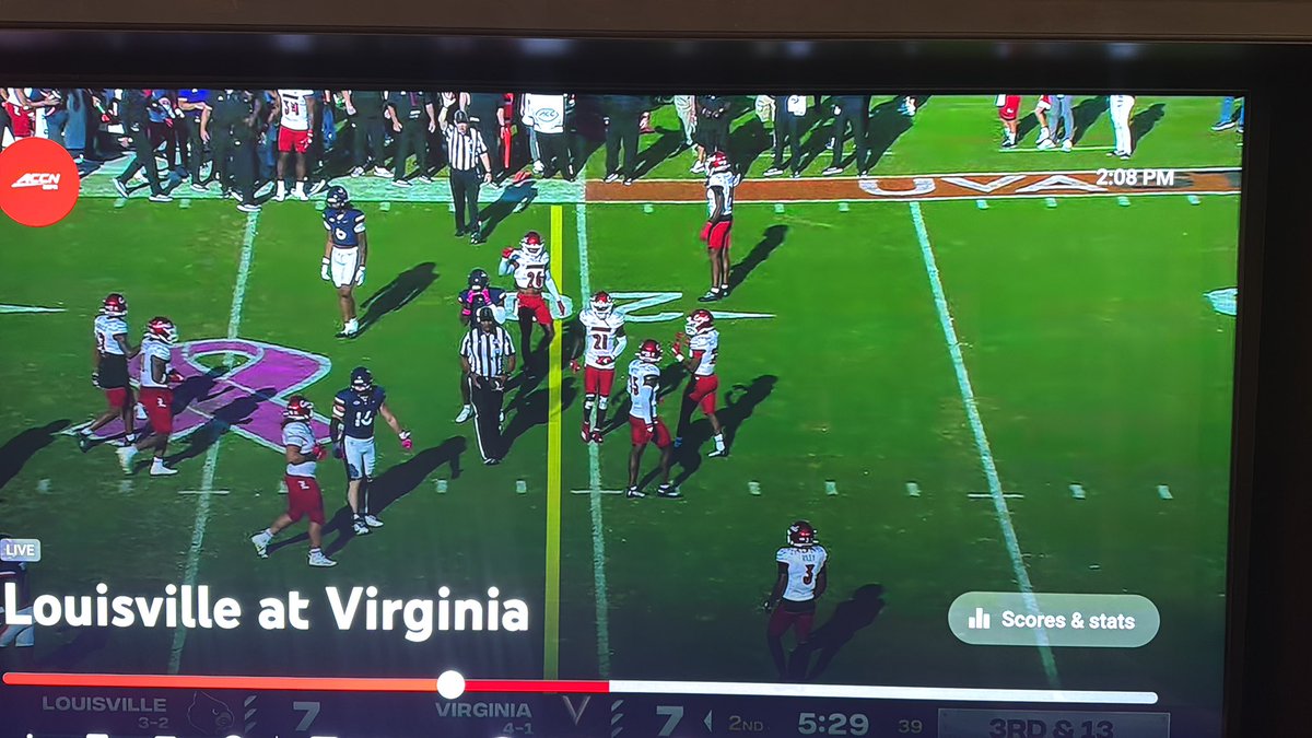 Total SS at UVA by the officiating crew part 2. This 3rd down was marked a full yard short - then suddenly without review or measuring it was awarded first down. Look the line judge and the line to gain. #ACC 🤡