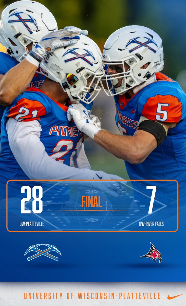 UW-Platteville Athletics (@uwp_pioneers) on Twitter photo Another Top 5 bites the dust! ⛏️
No. 11 <a href="/UWPlattFootball/">UW-Platteville Football</a> upsets No. 4 UW-River Falls 28-7 on Homecoming. #SwingTheAxe #d3fb #wiac Another Top 5 bites the dust! ⛏️
No. 11 <a href="/UWPlattFootball/">UW-Platteville Football</a> upsets No. 4 UW-River Falls 28-7 on Homecoming. #SwingTheAxe #d3fb #wiac