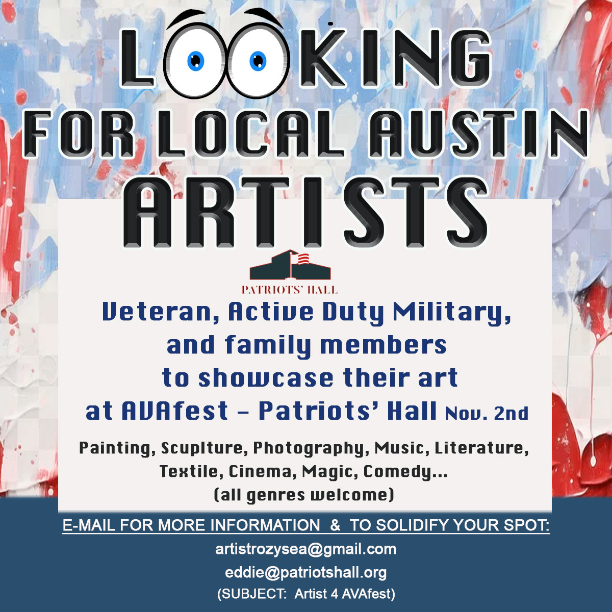 PatriotsHall_DS's tweet photo. Showcase your talents at the upcoming November 2nd @AVAfest art show at Patriots' Hall.  A few spots are left, and all skill levels are welcome.   Submit your piece today!  https://t.co/XrGE2E1TP3

#VeteranArt #PatriotsHall #AVAfest #ArtShow #Community https://t.co/uY0gm4N8Cc
