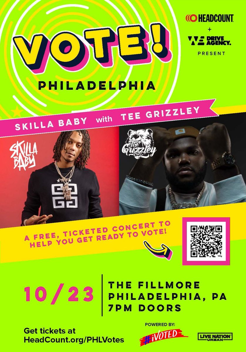 emwizzle's tweet photo. Announcing #DriveAgency’s brilliant #VOTE2024 PHILADELPHIA 10/23 #freeconcert w/ @_Skillababy &amp; @TeeGrizzley  @FillmorePhilly, #PoweredBy @iVotedConcerts! Check #voterreg or opt-in for @HeadCountOrg alerts to score #freetix: https://t.co/8PRpnlEiS2. @LiveNationUrban @SNFAgoraJHU https://t.co/itRJzT1NHS