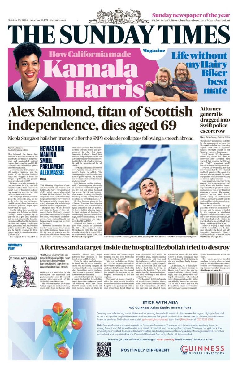 PolitlcsUK's tweet photo. 🚨 The front pages of tomorrow’s newspapers commemorating the death of former First Minister Alex Salmond https://t.co/bC5Q2dIAhu