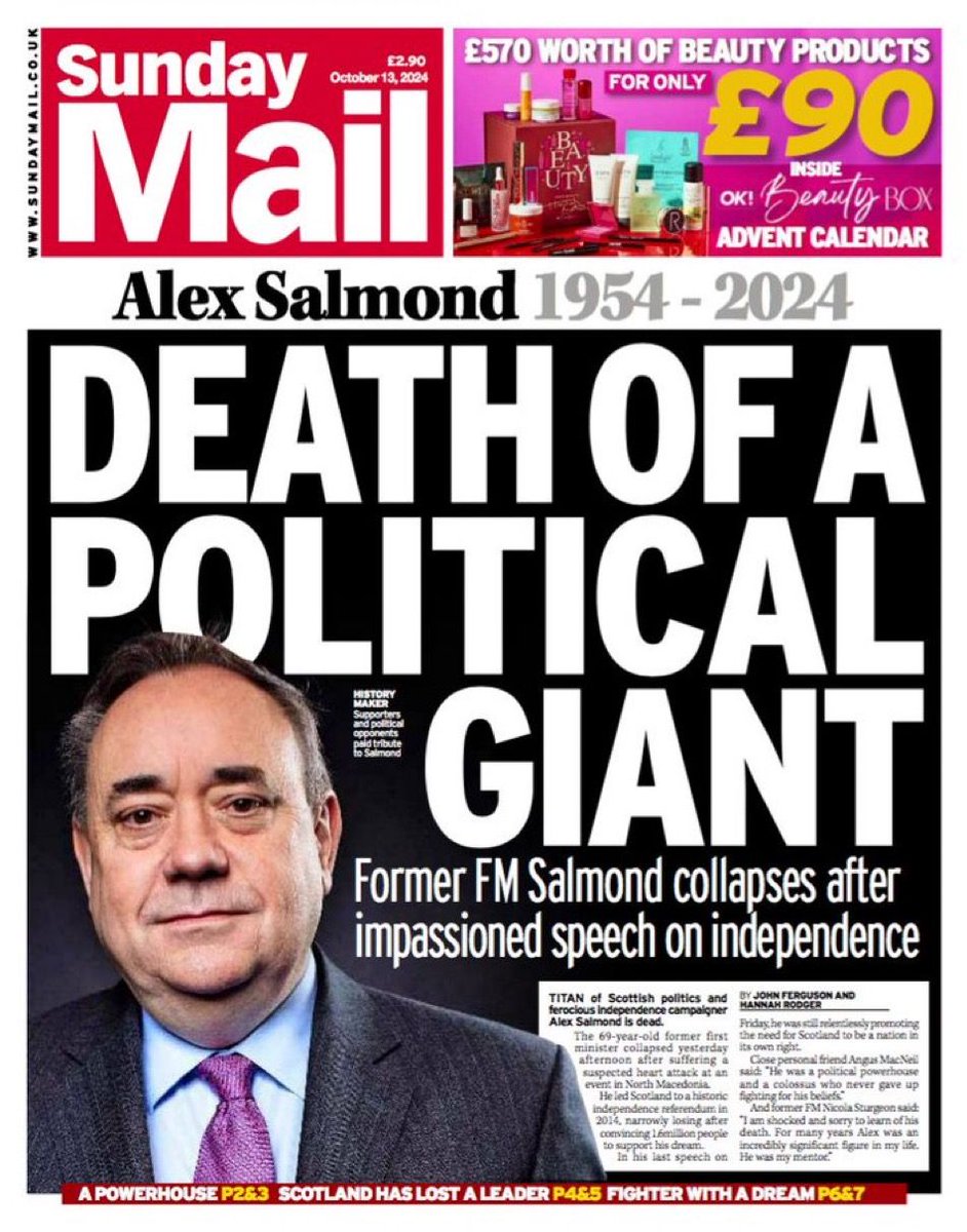 PolitlcsUK's tweet photo. 🚨 The front pages of tomorrow’s newspapers commemorating the death of former First Minister Alex Salmond https://t.co/bC5Q2dIAhu