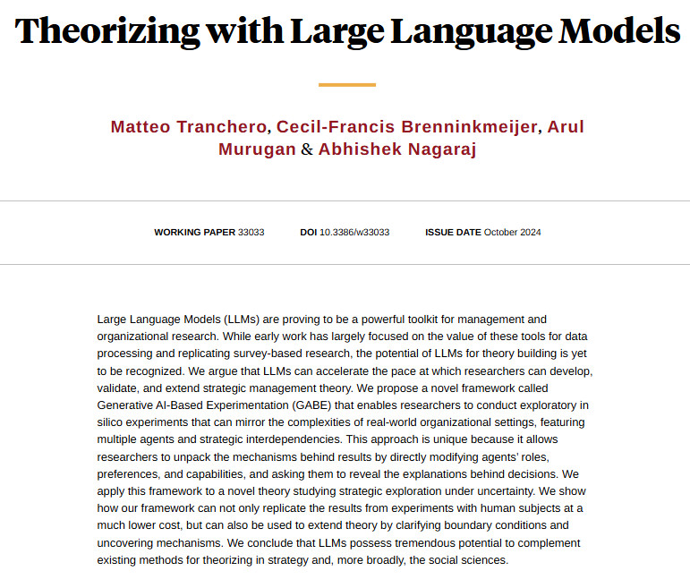 Large Language Models can accelerate the pace at which researchers can develop, validate, and extend strategic management theory, from <a href="/MTranchero/">Matteo Tranchero</a>, Cecil-Francis Brenninkmeijer, <a href="/_arulm_/">Arul Murugan</a>, and <a href="/abhishekn/">Abhishek Nagaraj 🗺️</a> nber.org/papers/w33033