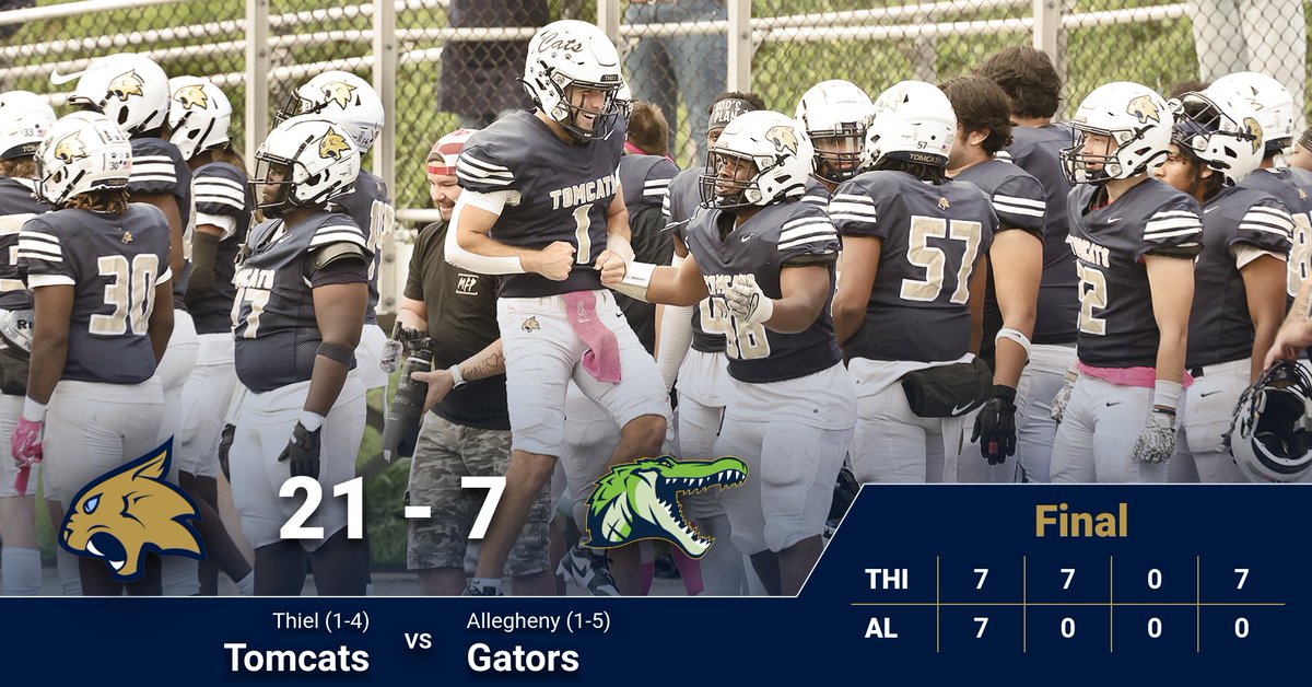 ThielAthletics's tweet photo. BLUE AND GOLD 🏈 WINNER! Daniel Rennie throws for 226 yards and three touchdowns, while Blake Joseph catches two touchdowns as the Tomcats grab their first win of the season! #TomcatPride https://t.co/CMeidEmyFh