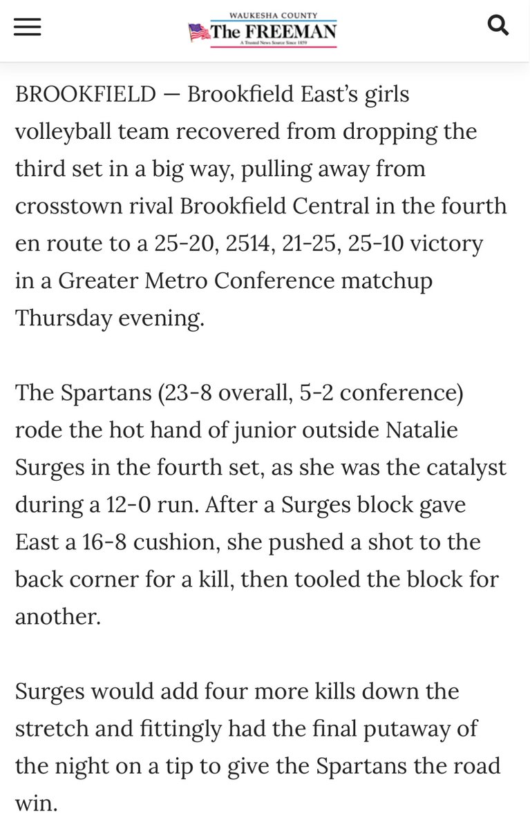 Natalie Surges (@natalie_surges) on Twitter photo Thanks <a href="/Sports_Freeman/">Freeman Sports</a> for being there to cover the crosstown rivalry! Letโs go Spartans ๐โค๏ธ. <a href="/ADBEHS/">B'EAST Athletics</a> <a href="/SpartanGirlsVB/">BrookfieldEast VB</a> <a href="/1stAllianceVBC/">1st Alliance VBC</a>
gmtoday.com/the_freeman/spโฆ Thanks <a href="/Sports_Freeman/">Freeman Sports</a> for being there to cover the crosstown rivalry! Letโs go Spartans ๐โค๏ธ. <a href="/ADBEHS/">B'EAST Athletics</a> <a href="/SpartanGirlsVB/">BrookfieldEast VB</a> <a href="/1stAllianceVBC/">1st Alliance VBC</a>
gmtoday.com/the_freeman/spโฆ