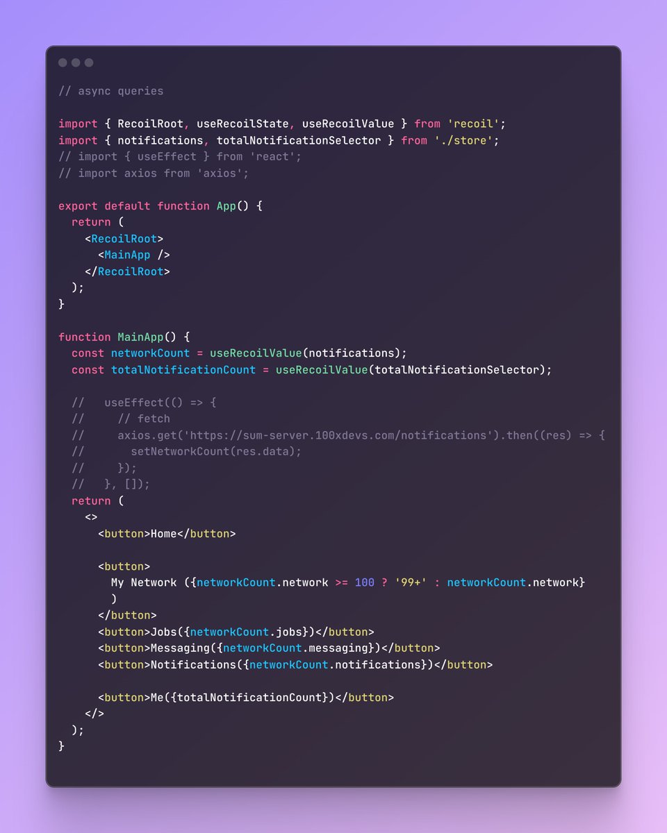 sum1t_here's tweet image. 💻 Web2: React Hooks &amp;amp; Recoil.js
🔸 Refreshed on useState, useEffect, useMemo, and more!
🔸 Explored Recoil.js for efficient state management—it’s awesome for global state in React! ⚛️
#ReactJS #RecoilJS #Frontend #JavaScript
🧵 2/7