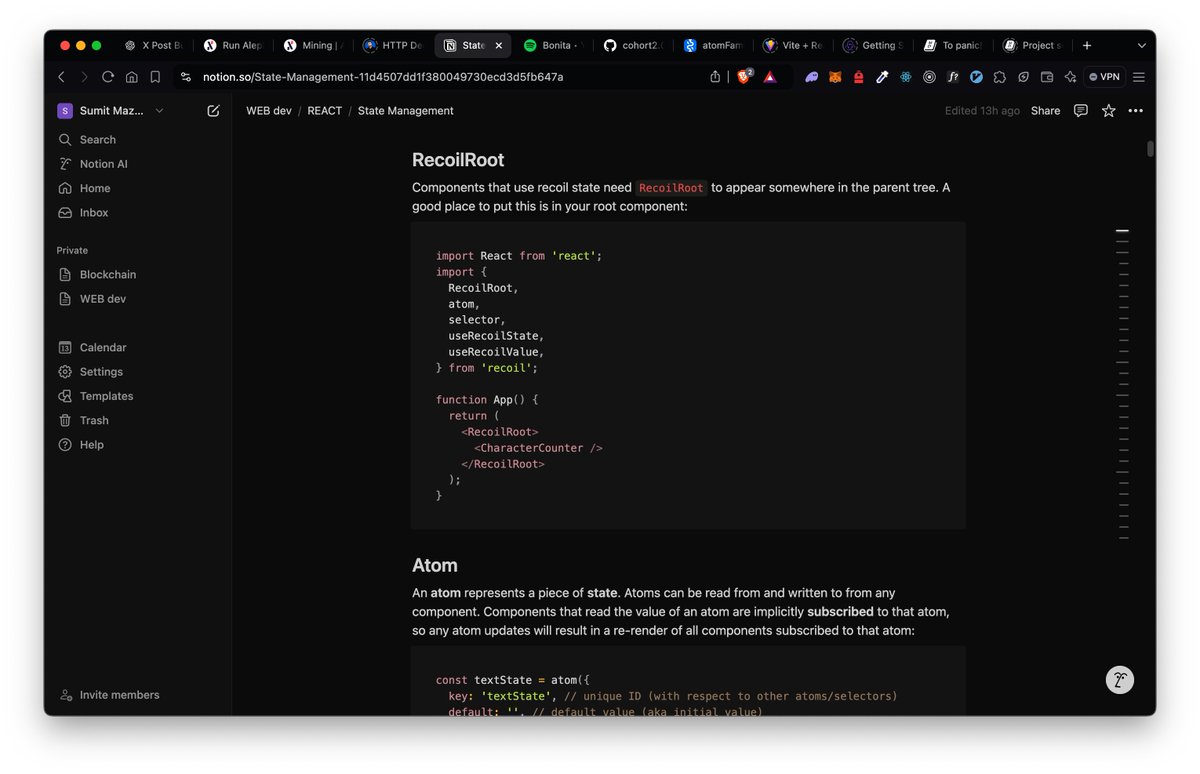 sum1t_here's tweet image. 💻 Web2: React Hooks &amp;amp; Recoil.js
🔸 Refreshed on useState, useEffect, useMemo, and more!
🔸 Explored Recoil.js for efficient state management—it’s awesome for global state in React! ⚛️
#ReactJS #RecoilJS #Frontend #JavaScript
🧵 2/7