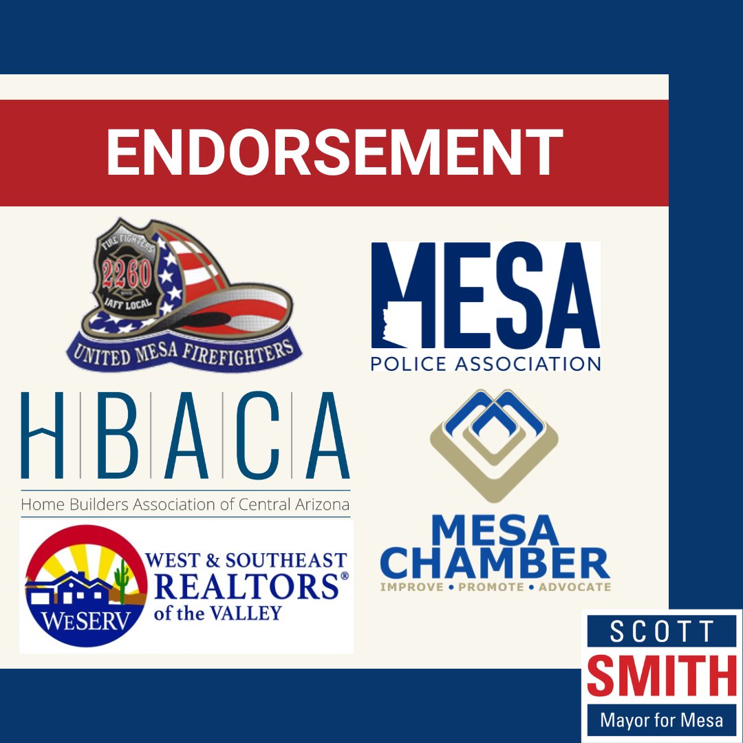 Scott Smith (@scott_smithaz) on Twitter photo Leadership matters. I’m proud to have the endorsement of the organizations that work every day for the citizens of Mesa. <a href="/unitedmesaff/">unitedmesaff</a> <a href="/mesampa/">Mesa Police Assoc</a> <a href="/WeSERV_REALTORS/">WeSERV REALTORS</a> <a href="/HBACA_AZ/">Home Builders Assoc.</a> & <a href="/MesaChamber/">Mesa Chamber</a> Join them in voting Scott Smith for Mayor! #mesamayor Leadership matters. I’m proud to have the endorsement of the organizations that work every day for the citizens of Mesa. <a href="/unitedmesaff/">unitedmesaff</a> <a href="/mesampa/">Mesa Police Assoc</a> <a href="/WeSERV_REALTORS/">WeSERV REALTORS</a> <a href="/HBACA_AZ/">Home Builders Assoc.</a> & <a href="/MesaChamber/">Mesa Chamber</a> Join them in voting Scott Smith for Mayor! #mesamayor