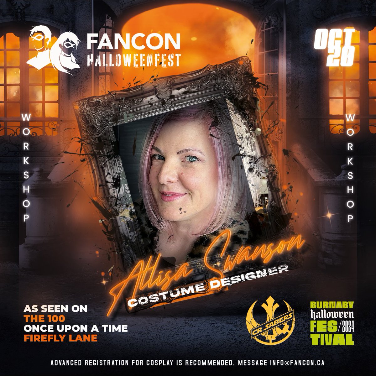 Announcing star make-up designer <a href="/allisa_s/">Allisa Swanson</a> from <a href="/cwthe100/">The 100</a> &amp; <a href="/OnceABC/">Once Upon A Time</a>
has joined #FanConHalloweenfest to host the workshop "Costume Secrets from the Grave: How to Zombie-fy a Costume. For tix , head to bit.ly/FanConHallowee…
 #BurnabyHalloween #BurnabyHalloweenFestival