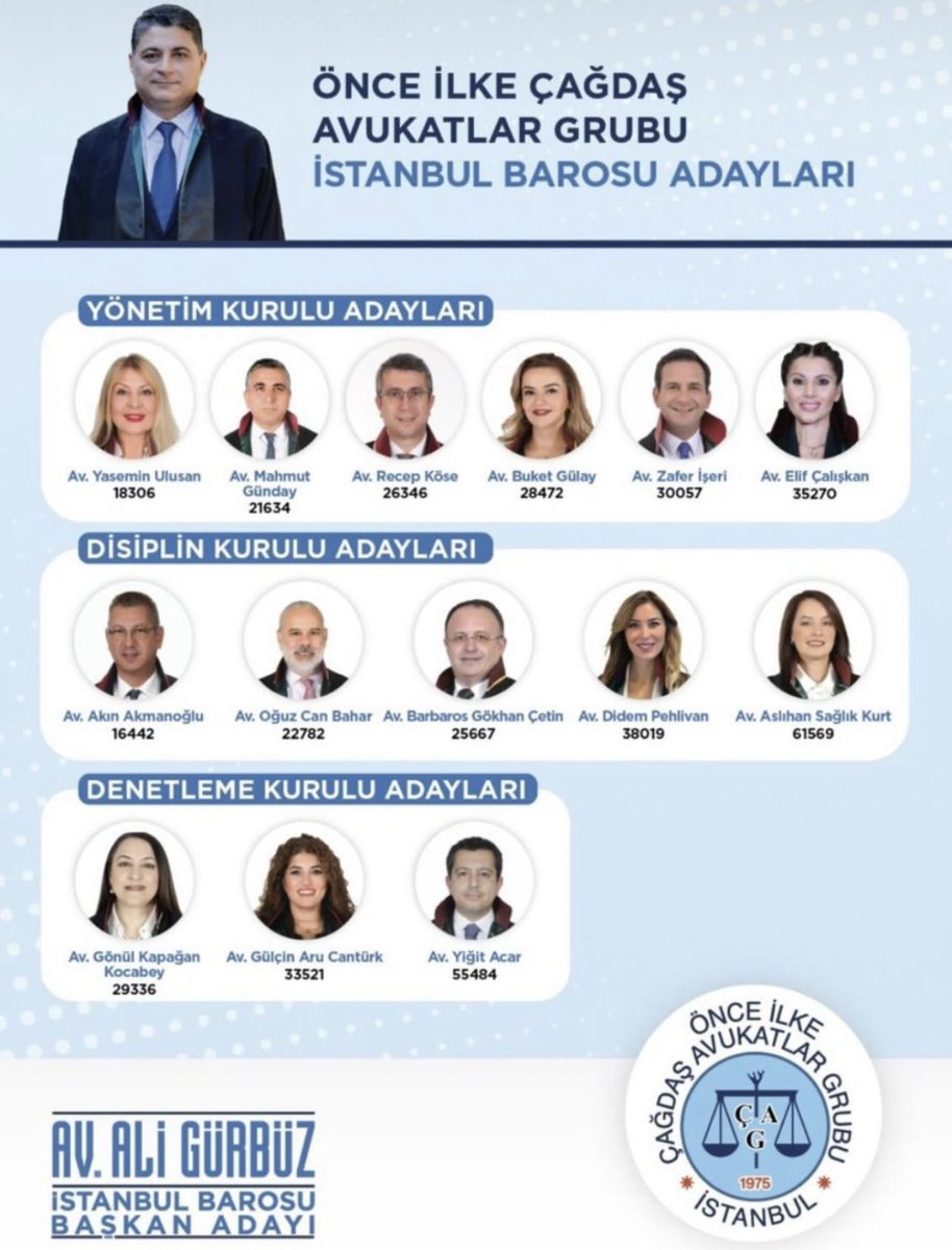 Etkin, güçlü, avukatın yanında ve söz sahibi bir İstanbul Barosu için Av. Ali Gürbüz ile yola çıktık. Tüm meslektaşlarımızın desteğini bekliyoruz. Beraber kazanacağız✌🏼