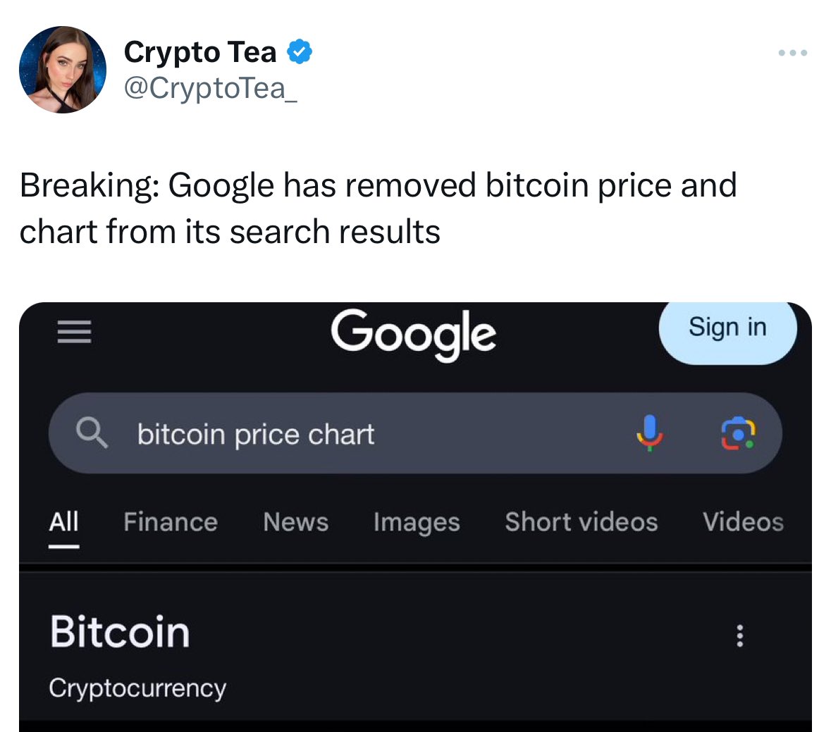Why would Google remove Bitcoin & Crypto charts from search results?