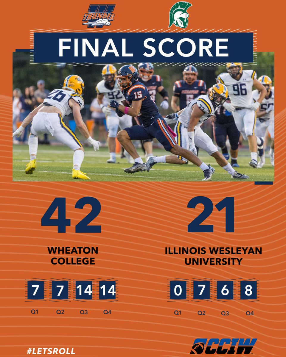 Wheaton Thunder (@wheaton_thunder) on Twitter photo Defending home turf with a big win.
The <a href="/WheatonFB/">Wheaton Football</a> team uses a strong second half to pull away from the Illinois Wesleyan Titans and improves to 3-2 on the year and 3-1 in CCIW action.
Senior receiver Ben Bonga caught four touchdown passes from quarterback Mark Forcucci and Defending home turf with a big win.
The <a href="/WheatonFB/">Wheaton Football</a> team uses a strong second half to pull away from the Illinois Wesleyan Titans and improves to 3-2 on the year and 3-1 in CCIW action.
Senior receiver Ben Bonga caught four touchdown passes from quarterback Mark Forcucci and