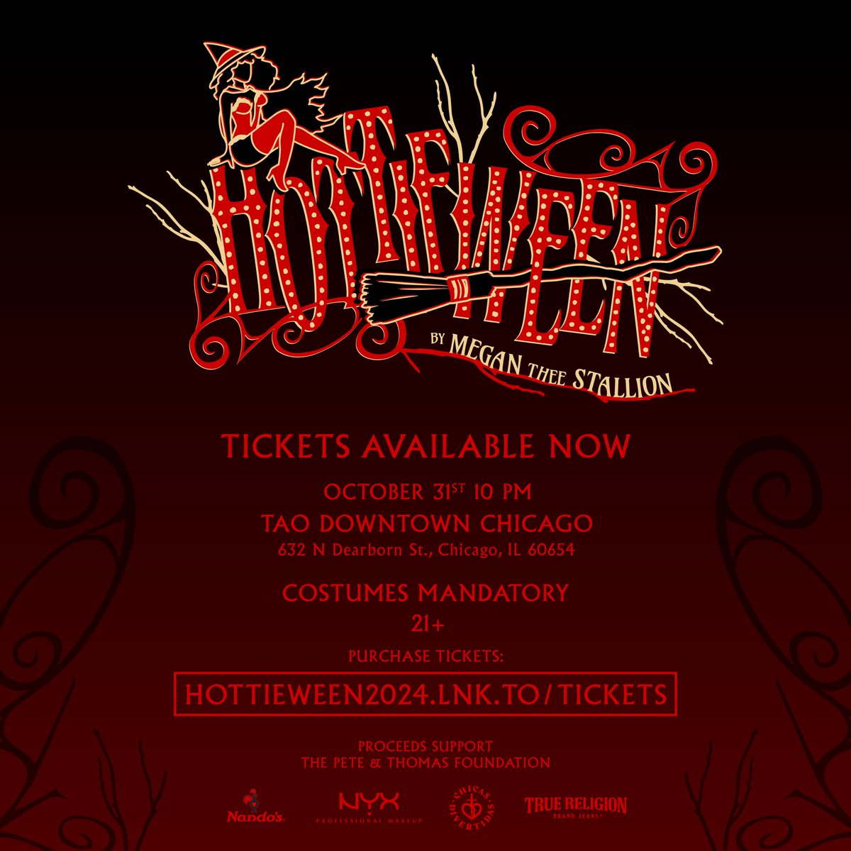 theestallion's tweet photo. HOTTIEWEEN TICKETS ARE ON SALE NOW 🔥🔥 Can’t wait to celebrate with thee Chicago hotties!!! 🎃🎃 All proceeds support the @petethomasfdn !

https://t.co/bkj9QocSDX https://t.co/6yccSxMBvR