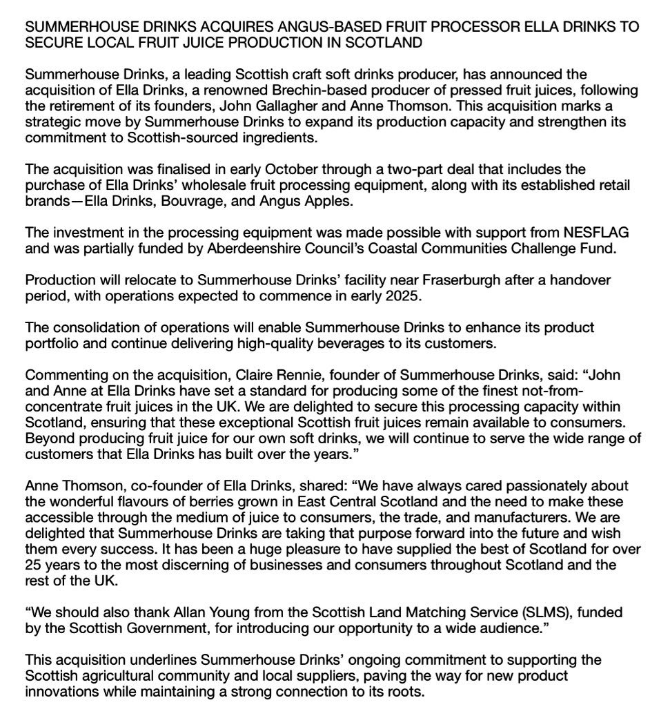 SUMMERHOUSE DRINKS ACQUIRES ANGUS-BASED FRUIT PROCESSOR ELLA DRINKS TO SECURE LOCAL FRUIT JUICE PRODUCTION IN SCOTLAND