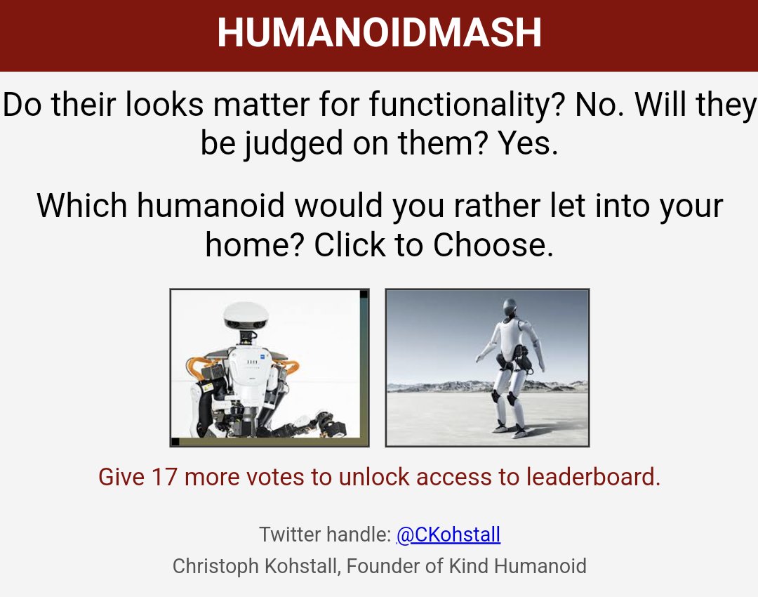 This should be fun. 
l just built it, give it a try:

humanoidmash.com/index.html

Credits to all the humanoid builders and to Mark Zuckerberg for the site inspiration 😉

humanoidmash.com

#humanoid #robot