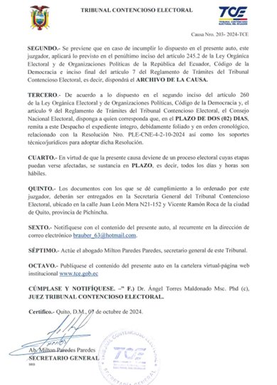 LaDefensaEc's tweet photo. JUSTO ÁNGEL TORRES
La impugnación presentada por el Partido Sociedad Patriótica a la calificación de la candidatura presidencial de Jan Topić recayó en el despacho del juez Ángel Torres Maldonado, actual vicepresidente del TCE.

Torres, en su momento, fue cuestionado por el movimiento Construye por una supuesta cercanía al presidente Daniel Noboa, pues su yerno es Director Provincial de ADN en Loja.

El juez dio un plazo de dos días a Braulio Luis Abdón Bermúdez Pinargote, representante legal del Partido Sociedad Patriótica, para que complete la denuncia.