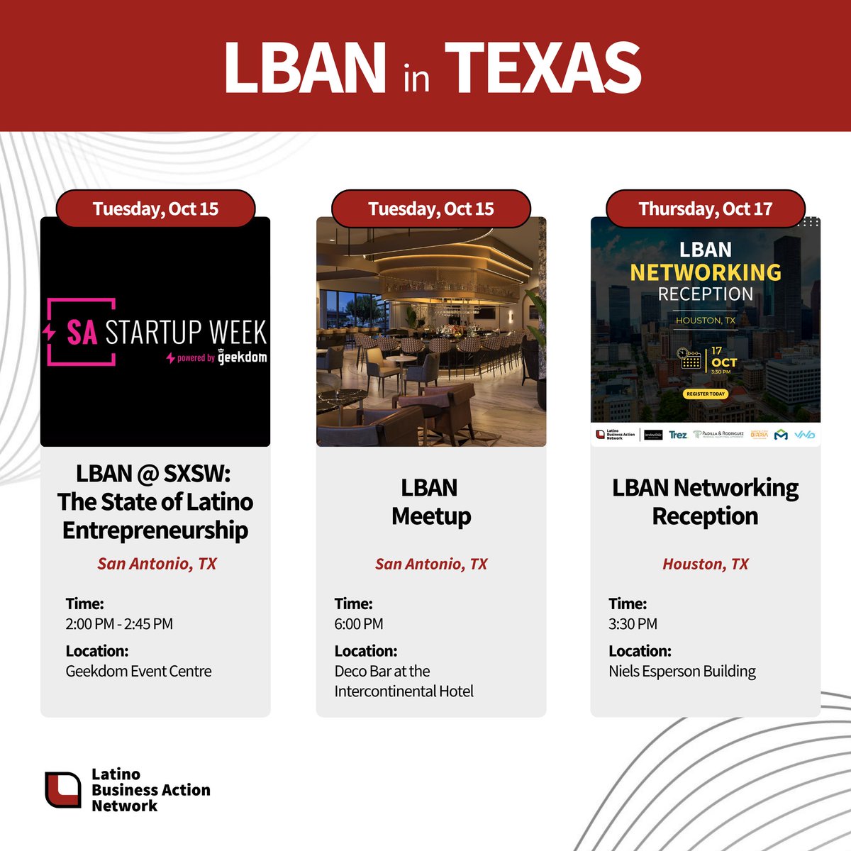 LBAN is coming to TX! Join us in San Antonio and Houston for three can’t-miss events open to everyone! 

➡️ Oct 15, 2:00 PM | 🔗 sasw.co
➡️ Oct 15, 6:00 PM | 🔗 lu.ma/tysxgy9e
➡️ Oct 17, 3:30 PM | 🔗 lu.ma/dytzvv27
