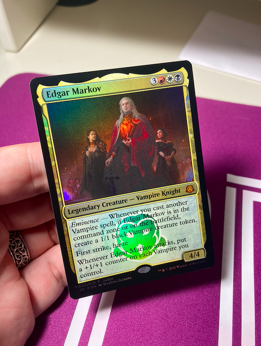 thepdhpod's tweet photo. SPOOKTOBER CARD SALE!!

I have this LP/NM Edgar Markov Judge Promo.
OG owner. Never played. Binder kept.

TCG Recent Sales put it around $170-180
CK will give $150 in credit

DM me. Offer ends Oct.31

Trackd &amp; Bubble included
PayPal: $150 F/F or $156 G/S

#thepdhpod #judgepromo https://t.co/FEF0BQi6Bg