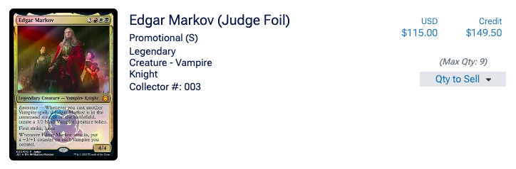 thepdhpod's tweet photo. SPOOKTOBER CARD SALE!!

I have this LP/NM Edgar Markov Judge Promo.
OG owner. Never played. Binder kept.

TCG Recent Sales put it around $170-180
CK will give $150 in credit

DM me. Offer ends Oct.31

Trackd &amp; Bubble included
PayPal: $150 F/F or $156 G/S

#thepdhpod #judgepromo https://t.co/FEF0BQi6Bg