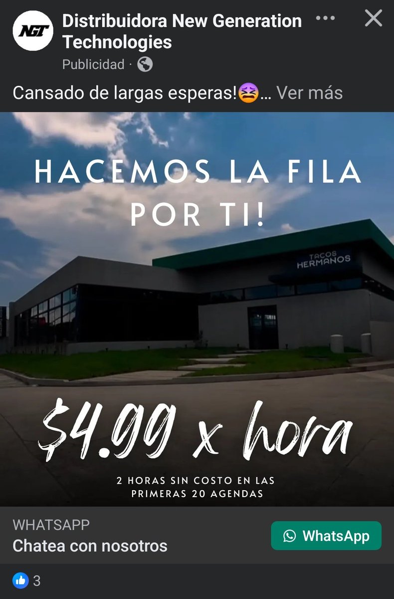 En Facebook ya se están ofreciendo para hacer fila a $4.99 por hora, en los Tacos Hermanos de San Miguel. 💀