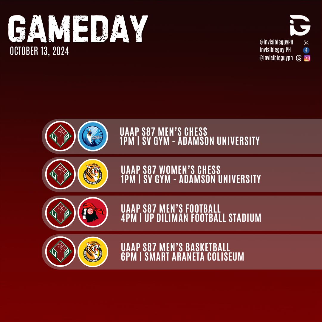IT'S GAMEDAY!

Full Sunday ahead for the Fighting Maroons
- <a href="/MaroonSmashers/">UP Badminton Team</a> will be up against NU today
- Chess action continues: Men's vs AdU &amp; Women's vs UST
- Church vs State in Basketball as <a href="/upwbt_/">UPWBT</a> &amp; <a href="/upmbt/">UP Fighting Maroons</a> goes up against UST

#UPFight ✊🏼❤️💚
#SupportAllSports