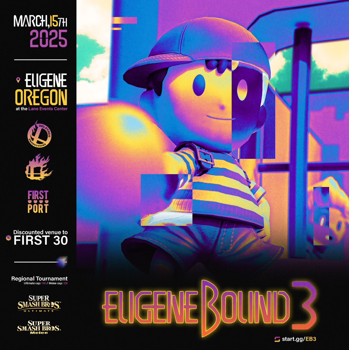 EugeneBoundSSB's tweet photo. We are proud to present Eugenebound 3!

Once again in Eugene, Oregon!

Ultimate singles/doubles and Melee singles/doubles

All on March 15th!

Featuring top players such as Monte, X’avier, BigBoss and more!

Registration is open now!

https://t.co/CHZNRq2n19 https://t.co/X2uRrJ1pAh