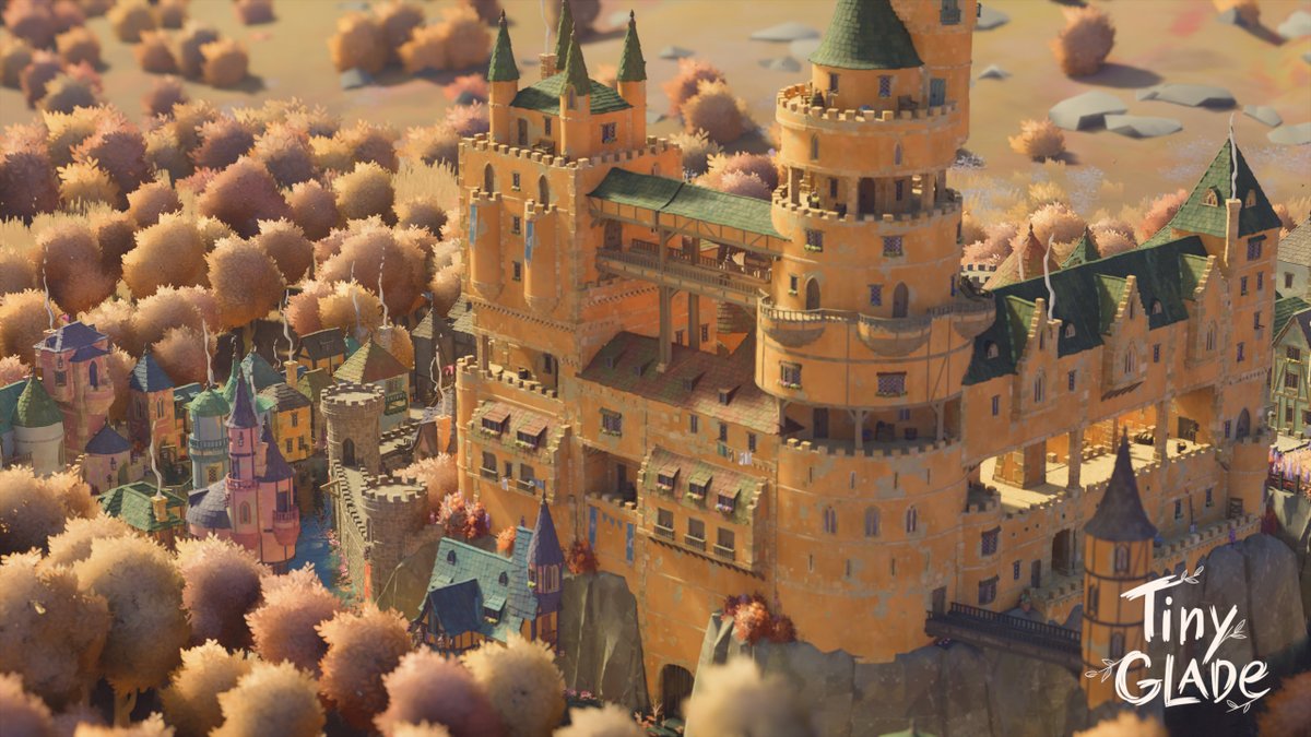 Took 50 hours, but finally done with my first #TinyGlade build! Medieval/whimsical castle, town and outskirts, all built on stream (more pics in thread)💚 thank you <a href="/PounceLight/">Tiny Glade 🏰🌿 out NOW on Steam ✨</a> for making a game that let me be creative!