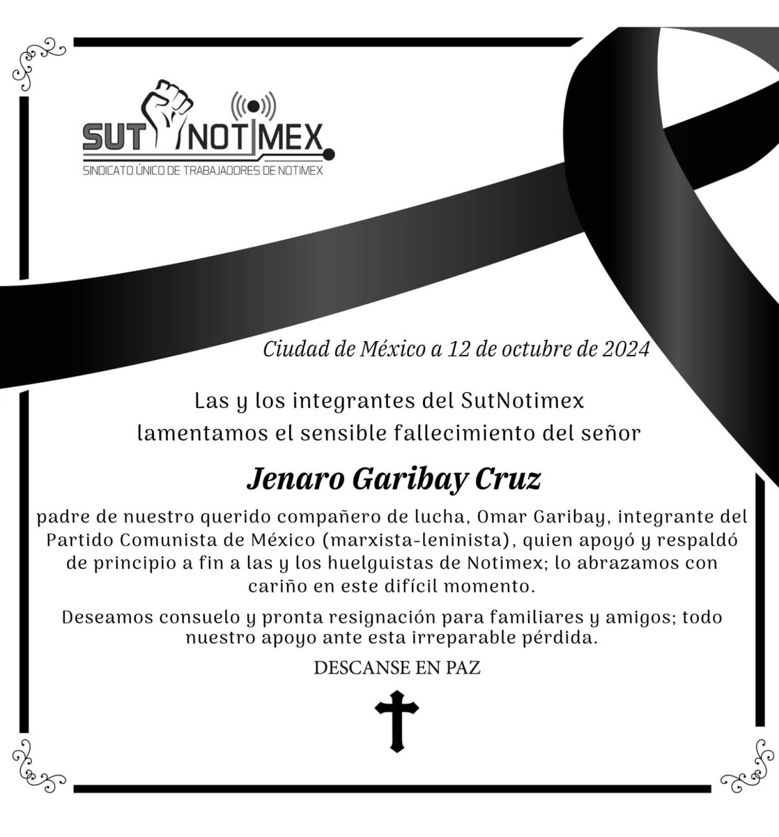 Lxs integrantes del Sutnotimex lamentamos el sensible fallecimiento de Jenaro Garibay,  padre de nuestro querido Omar Garibay, gran apoyo en el proceso de huelga de <a href="/Notimex/">Notimex</a>.  Lo abrazamos con cariño.

#QEPD