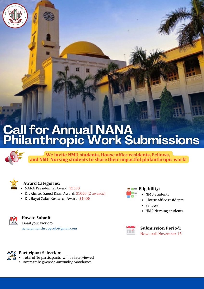 Maida Tiwana (@mydaumair) on Twitter photo It is with great excitement, I am sharing the NANA philanthropy initiative specially for students, house officers, residents, fellows, nurse students. Please send your submissions to nana.philanthropysub@gmail.com. We have had a great time in formulating the program. Letโs go!!!! It is with great excitement, I am sharing the NANA philanthropy initiative specially for students, house officers, residents, fellows, nurse students. Please send your submissions to nana.philanthropysub@gmail.com. We have had a great time in formulating the program. Letโs go!!!!