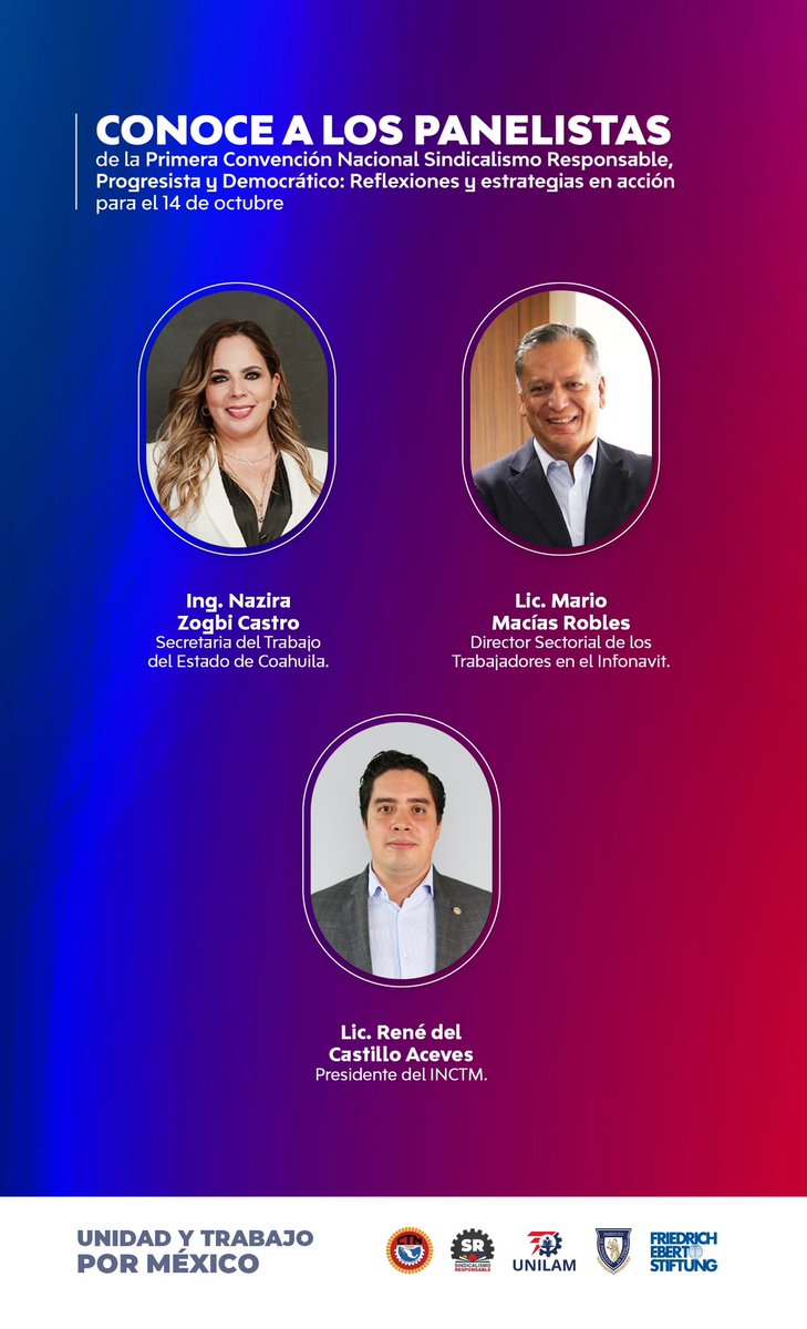 Conozcan a nuestros primeros expertos en materia laboral, que iniciarán los trabajos de la Primera Convención Nacional Sindicalismo Responsable, Progresista y Democrático: Reflexiones y Estrategias en Acción.

¡Síguela en vivo a través de mis redes sociales!