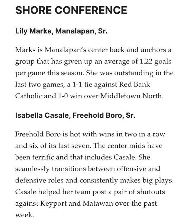 Freehold Athletics (@fbhsathletics) on Twitter photo Congratulations to <a href="/FreeholdBoroFH/">Freehold Boro Field Hockey</a> 🏑
Bella Casale on being named Shore Conference Defensive Player of the Week! Well deserved!
#BOROPRIDE Congratulations to <a href="/FreeholdBoroFH/">Freehold Boro Field Hockey</a> 🏑
Bella Casale on being named Shore Conference Defensive Player of the Week! Well deserved!
#BOROPRIDE
