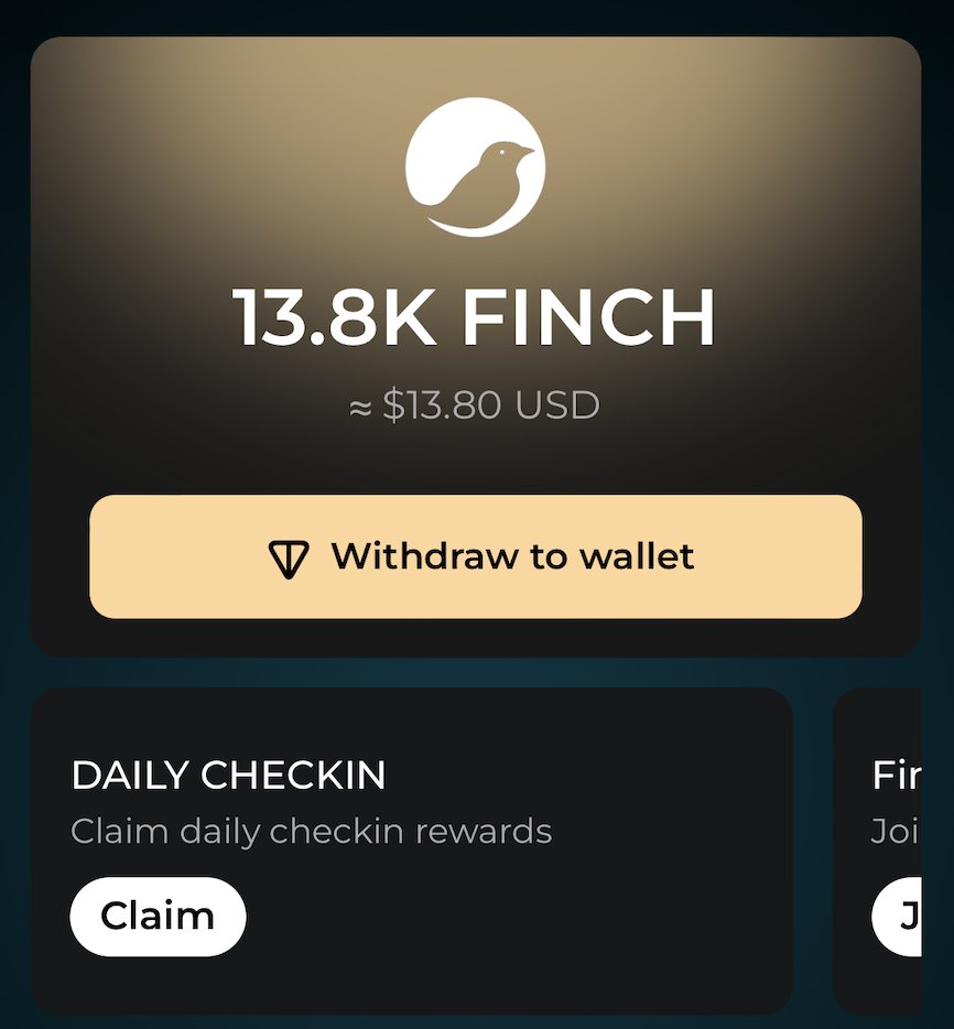 🎉 Finch Coin Airdrop has just launched! 🎉

✅ Earn daily check-in rewards
✅ Free mining every 12 hours
✅ Finch will list at $0.001 per coin with real liquidity backing it!

👉 t.me/FinchAirdropBot
🗓️ Airdrop ends November 15, 2024

#Finch #NOT #TON #DOGS #BLUM #CATI #HMSTR