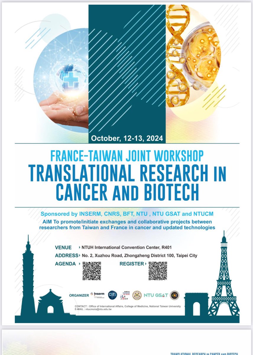 CNRS in North-East Asia (@cnrsinjapan) on Twitter photo Dr. Chang-Wen Wu, 🇹🇼Taiwan Minister of S&T, & 🇫🇷Dr. André Le Bivic, Director of <a href="/CNRSbiologie/">CNRS Biologie</a>, opened the second day of the France-Taiwan Joint Workshop on Translational Research in Cancer and Biotech in Taipei.
More fruitful discussions today !
<a href="/Inserm/">Inserm</a> <a href="/NTU_TW/">NTU Taiwan</a> #NTU_CM #NTU_GSAT Dr. Chang-Wen Wu, 🇹🇼Taiwan Minister of S&T, & 🇫🇷Dr. André Le Bivic, Director of <a href="/CNRSbiologie/">CNRS Biologie</a>, opened the second day of the France-Taiwan Joint Workshop on Translational Research in Cancer and Biotech in Taipei.
More fruitful discussions today !
<a href="/Inserm/">Inserm</a> <a href="/NTU_TW/">NTU Taiwan</a> #NTU_CM #NTU_GSAT