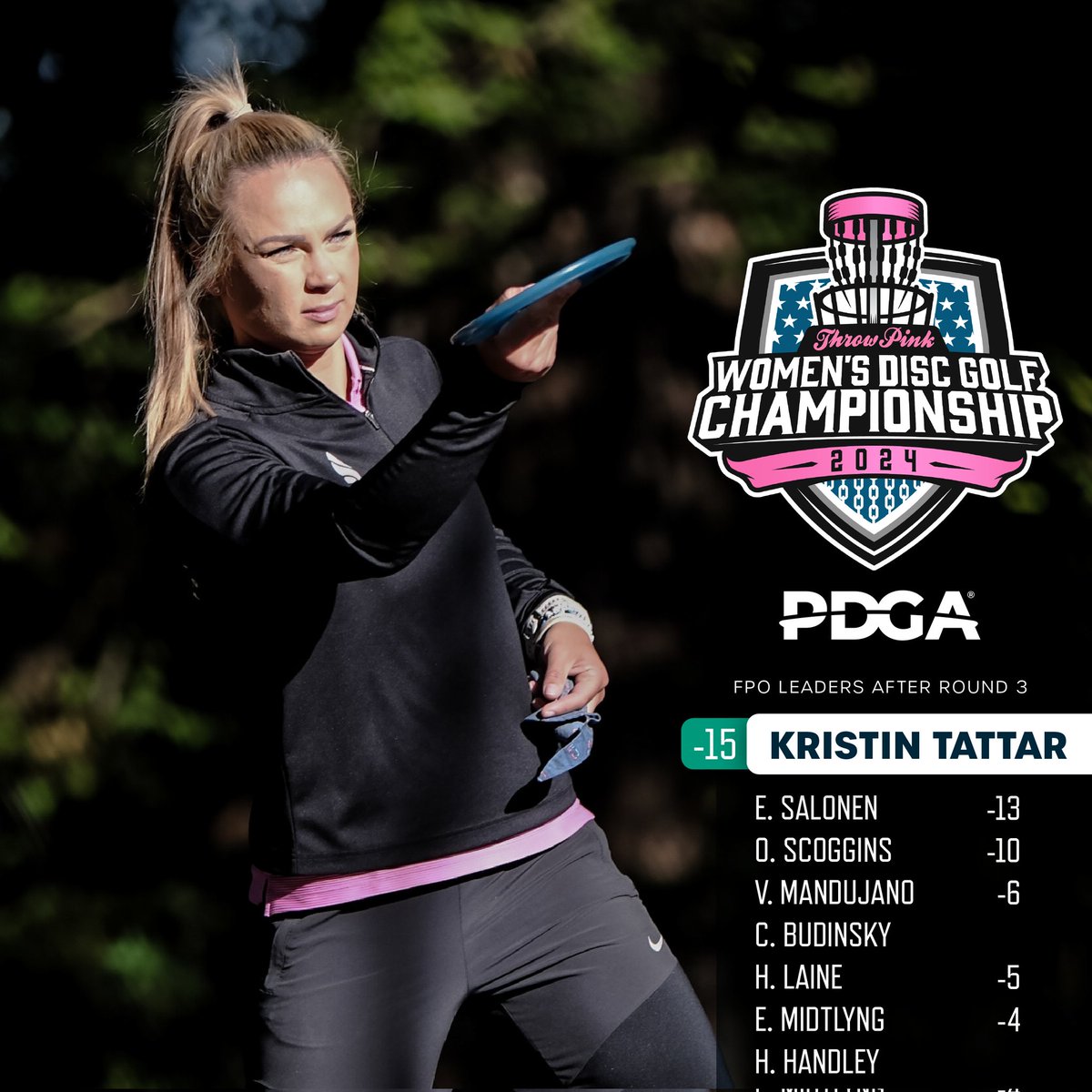 DiscGolfProTour's tweet photo. It's Anthony Barela and Kristin Tattar at the top! Tune in tomorrow for the Final Round of @ThrowPink Women's Disc Golf Championship and @usdgc https://t.co/IdjVNHbGGW