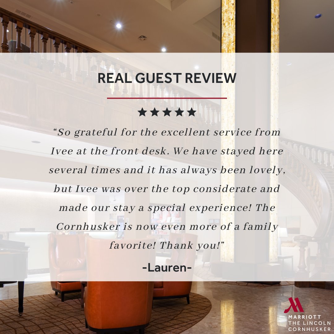 A stay made extra special, thanks to Ivee! We’re grateful for loyal guests like you and can’t wait to welcome you back to your Cornhusker family. 🏨❤️