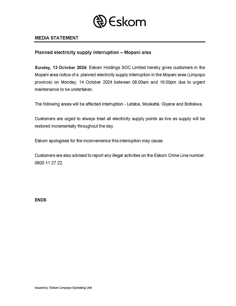 Eskom_SA's tweet photo. #EskomLimpopo 
#PlannedMaintenance 
#Mopani 

Electricity supply interruption due to planned maintenance in Mopani on Monday, 14 October 2024. The following areas will be affected: Letaba, Mooketsi, Giyane and Botlokwa. https://t.co/OYt2Css2mL