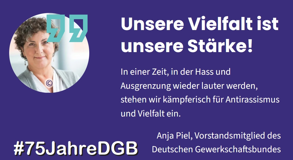 Le blues berlinois (@blues_883) on Twitter photo Was Rassist*innen & völkische Nationalist*innen
in Panik versetzt und für Angstkampagnen missbrauchen, nutzen #Gewerkschaften als Stärke:
Die #Vielfalt unserer Kolleg*innen
#75JahreDGB #Antirassismus
<a href="/dgb_news/">DGB - Deutscher Gewerkschaftsbund</a> <a href="/igbce/">IGBCE</a> <a href="/_verdi/">Ver.piss.di</a> <a href="/IGBAU/">IG BAU</a> <a href="/IGMetall/">IG Metall</a>
<a href="/DeineEVG/">EVG</a> <a href="/GewerkschaftNGG/">Gewerkschaft NGG</a> <a href="/GdPPresse/">GdP Pressestelle</a> Was Rassist*innen & völkische Nationalist*innen
in Panik versetzt und für Angstkampagnen missbrauchen, nutzen #Gewerkschaften als Stärke:
Die #Vielfalt unserer Kolleg*innen
#75JahreDGB #Antirassismus
<a href="/dgb_news/">DGB - Deutscher Gewerkschaftsbund</a> <a href="/igbce/">IGBCE</a> <a href="/_verdi/">Ver.piss.di</a> <a href="/IGBAU/">IG BAU</a> <a href="/IGMetall/">IG Metall</a>
<a href="/DeineEVG/">EVG</a> <a href="/GewerkschaftNGG/">Gewerkschaft NGG</a> <a href="/GdPPresse/">GdP Pressestelle</a>