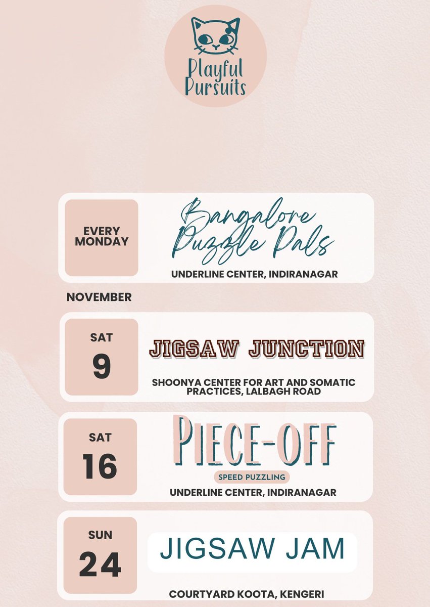 Upcoming events in the city! 

Starting off today with Sip 'n' Solve <a href="/Teavaroindia/">Teavaro</a> in Koramangala! Tickets: link.playfulpursuits.in/sipnsolve