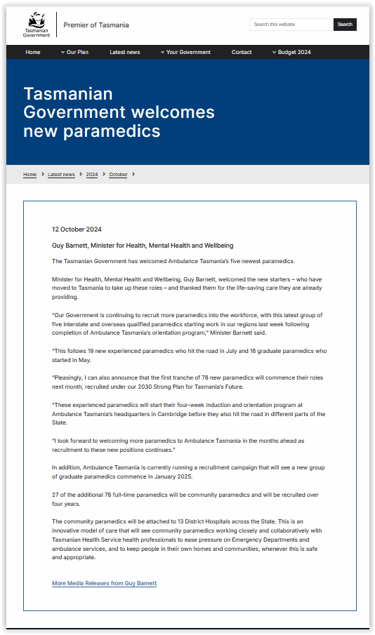 ParamedProf's tweet photo. @alan_eade @DrLouReynolds @BillLord2 @DrDavidNLong @tracyniks @MelissaSweetDr @PAC_Paramedic @AckerJoe @agwalker01 In Tasmania, the Government welcomes newly recruited  #paramedics from other jurisdiction to join the significantly expanded intake of #experienced &amp; #graduate paramedics. Of particular interest is the government's commitment to #community paramedics. https://t.co/P0Xo4ExyT1 https://t.co/u1LEHD7wJH