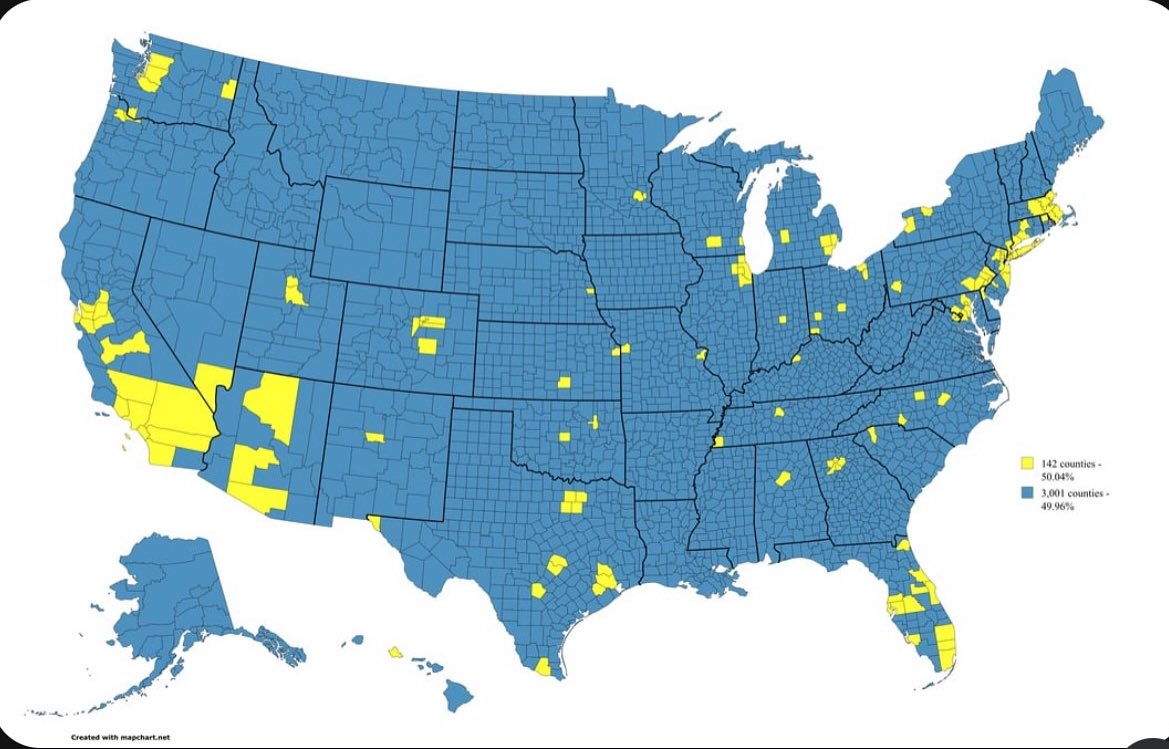 CarlHigbie's tweet image. Over 50% of the country lives in the yellow areas… THAT is why we have an electoral college.