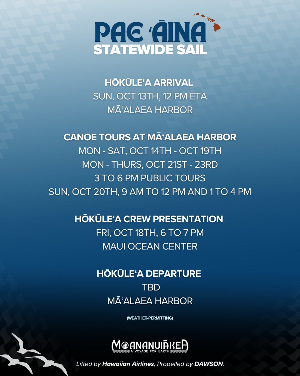 Announcing our Māʻalaea, Maui public events schedule!

Stay updated with the latest dates and ports by visiting hokulea.com

#moananuiākea #Hōkūleʻa