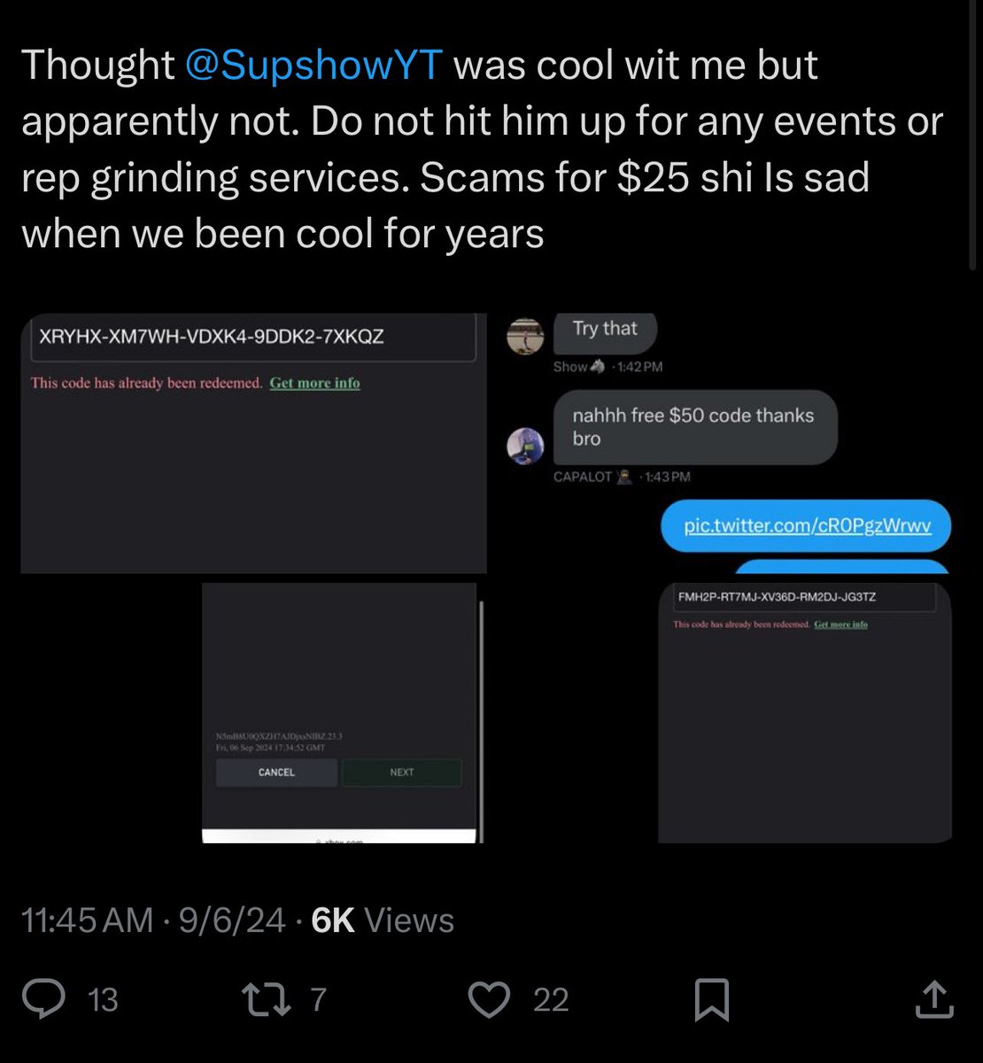 scampatroller's tweet photo. @SupshowYT is a scammer😈 be careful yall https://t.co/tBxR9cDrke