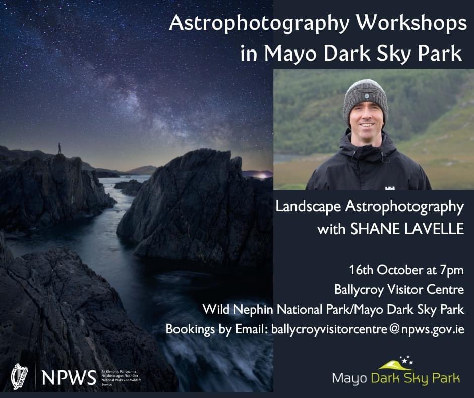 Want to learn how to take some amazing Night Sky Photos?  Join our next Astrophotography Workshop with Shane Lavelle.  Free admission.

Wednesday 16th Oct at 7pm 

mayodarkskypark.ie/events/astroph…

#Astrophotography #Mayodarkskypark