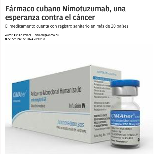 dpietramx's tweet photo. Registran fármaco de #Cuba contra el #cáncer en más de 20 países  #Nimotuzumab inhibe la proliferación descontrolada de células malignas y la aparición de #metástasis 👏👏👏 https://t.co/lZTWRjKRX3