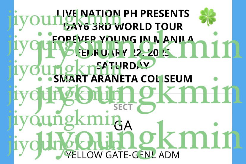 jiyoungkmin's tweet photo. 🛒: wts / lfb
🍀: DAY6 3RD WORLD TOUR FOREVER YOUNG IN MANILA
🎟️: gen ad / General Admission / GA

rfs: upgraded; secured desired section 🥹
- og price + 150 (ticket fee) + 500 (TA fee)

🏷️ #DAY6_3RD_WORLDTOUR_MANILA 
#DAY6_3RD_WORLDTOUR_MNL day6 wonpil dowoon sungjin youngk https://t.co/5uEa6ZFHM9