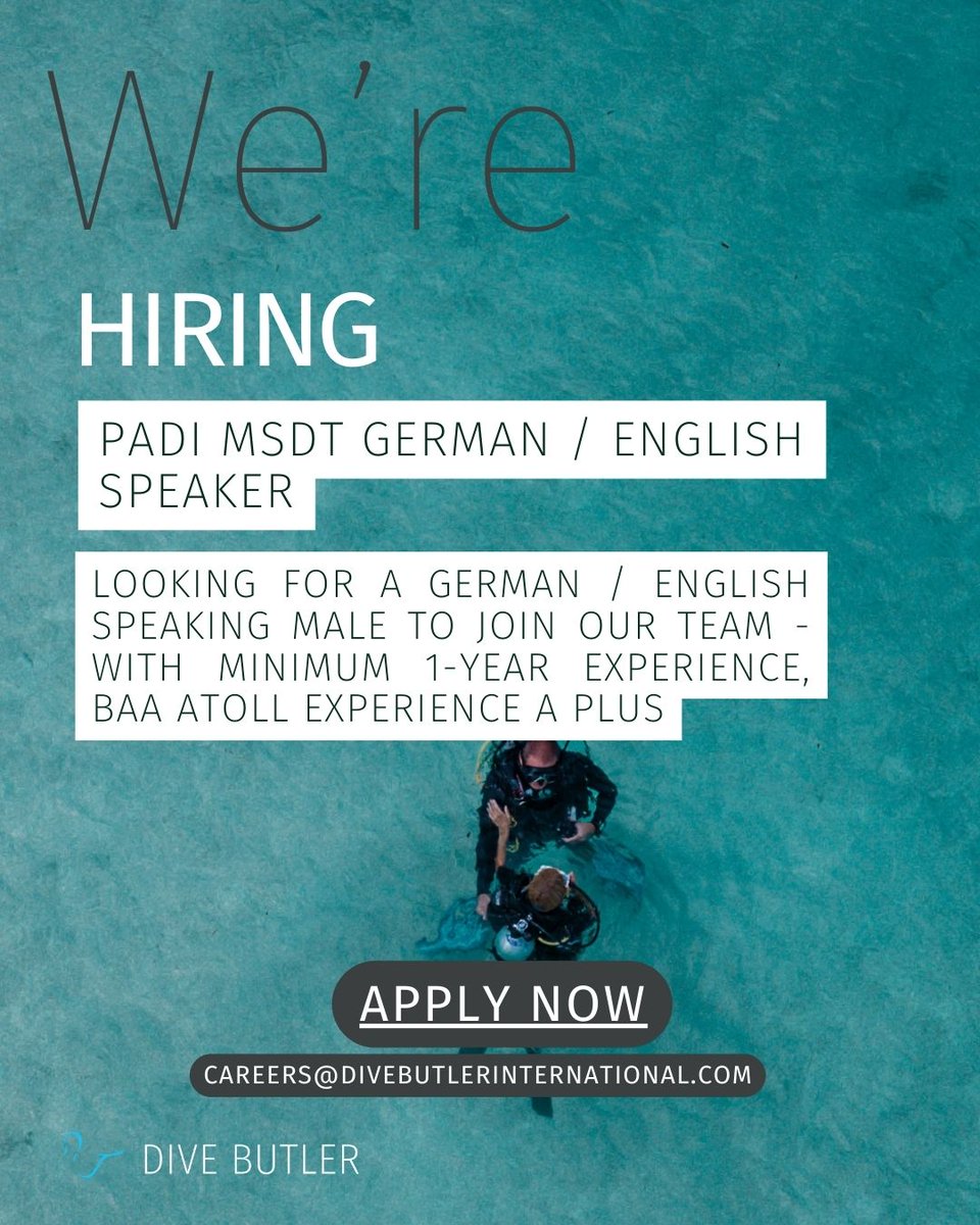 We're Hiring! ⁠Searching for a German/English speaking male PADI MSDT to join our team with minimum 1 year experience as an instructor. Previous experience working in Baa Atoll a plus. Apply now careers@divebutlerinternational.com #JobOpportunity #DiveButlerInternational