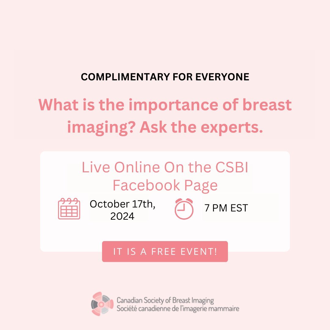 Canadian Society of Breast Imaging (@canadasbi) on Twitter photo Ask the experts!! Join our team on a Facebook live event Oct 17, 2024. Complimentary event , register here:
csbi.ca/csbi-events/
<a href="/SupriyaKulk/">Supriya Kulkarni</a> <a href="/JeanSeely/">Jean Seely, MD</a> <a href="/oarinfo/">OAR</a> <a href="/canadaradwomen/">Canadian Radiology Women 🇨🇦</a> <a href="/DrPaulaGordon/">Dr. Paula Gordon</a> Ask the experts!! Join our team on a Facebook live event Oct 17, 2024. Complimentary event , register here:
csbi.ca/csbi-events/
<a href="/SupriyaKulk/">Supriya Kulkarni</a> <a href="/JeanSeely/">Jean Seely, MD</a> <a href="/oarinfo/">OAR</a> <a href="/canadaradwomen/">Canadian Radiology Women 🇨🇦</a> <a href="/DrPaulaGordon/">Dr. Paula Gordon</a>