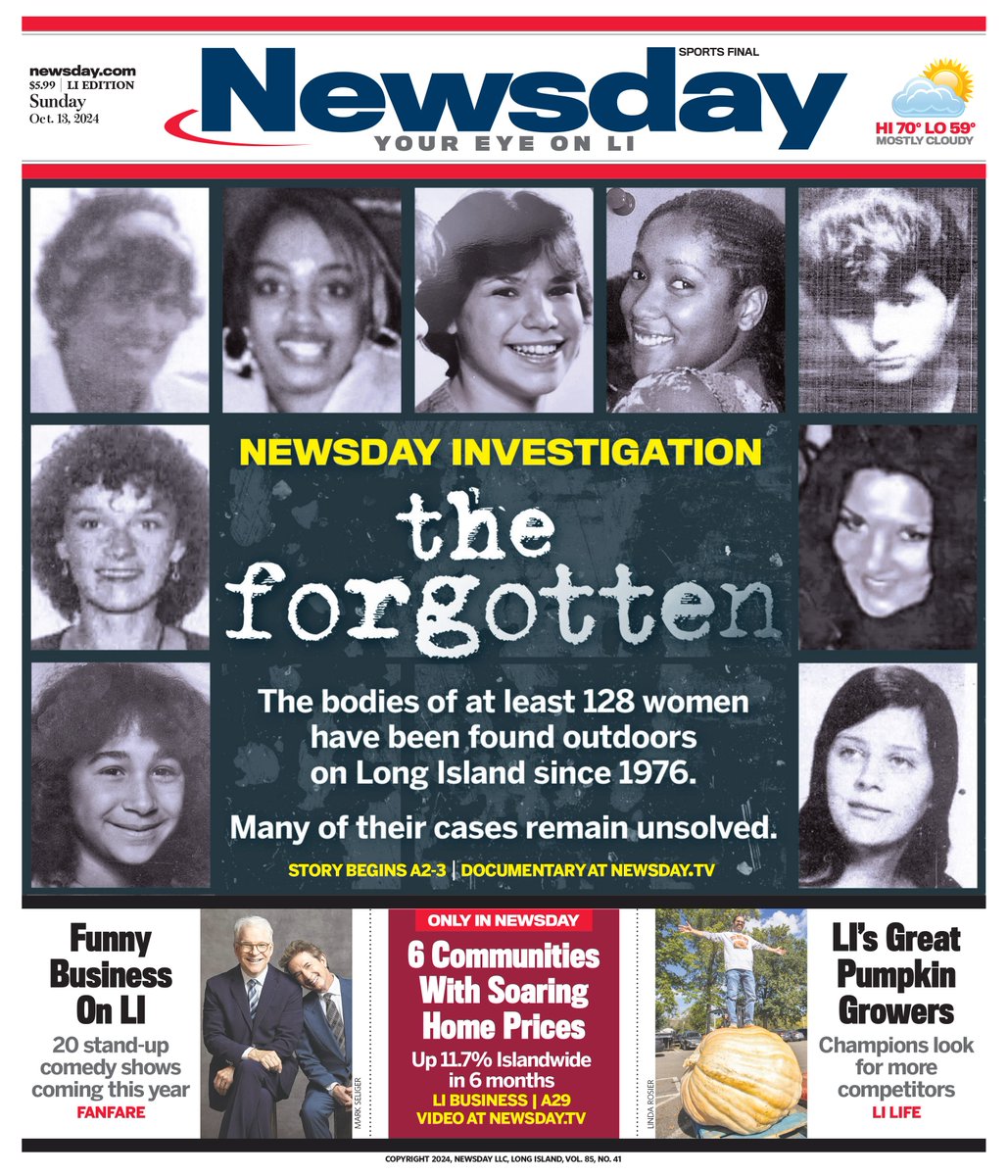 Newsday's tweet image. Sunday's cover: Remains of more than 100 women found outdoors on Long Island since 1976, investigation finds buff.ly/3zKQV9p