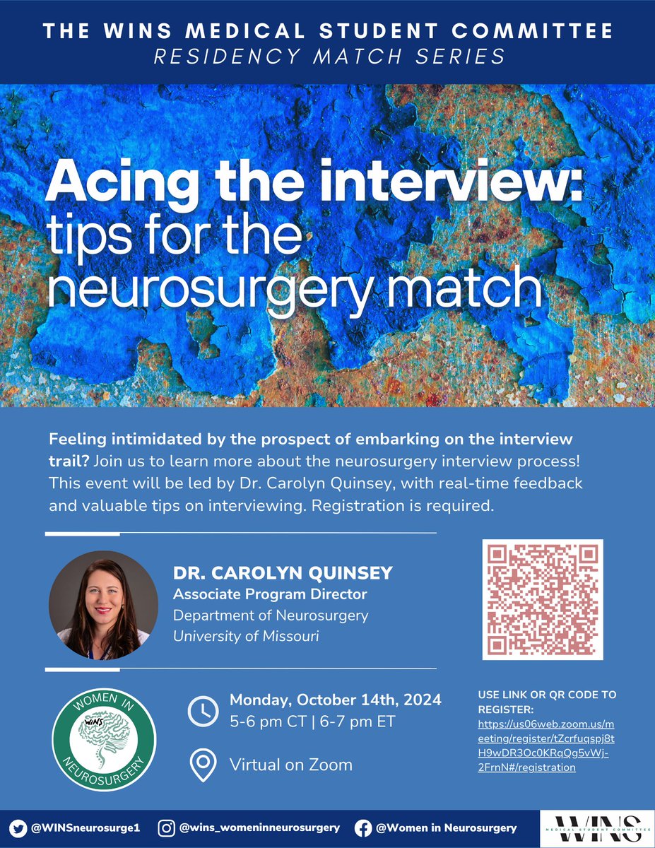 WomenInNSGY's tweet image. Just a few days left! 🕒 Dr. Quinsey is ready to share expert tips to help you crush your neurosurgery residency interviews. Come prepared with questions! #MATCH #InterviewSuccess #NeurosurgeryMATCH